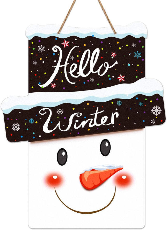 D4DREAM Hello Winter Door Sign Snowman Winter Decorations Welcome Sign for Front Door Christmas Winter Welcome Door Sign Winter Wreaths Hanger for Christmas Front Door Porch Home Indoor Outdoor Decor