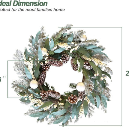 Qingbei Rina Pre-Lit Christmas Wreaths for Front Door,22 Inch Winter Door Wreath with Star Lights,Outdoor Christmas Wreath with Pinecones and Silver Balls, Xmas Windows Fireplace Farmhouse Home Decor