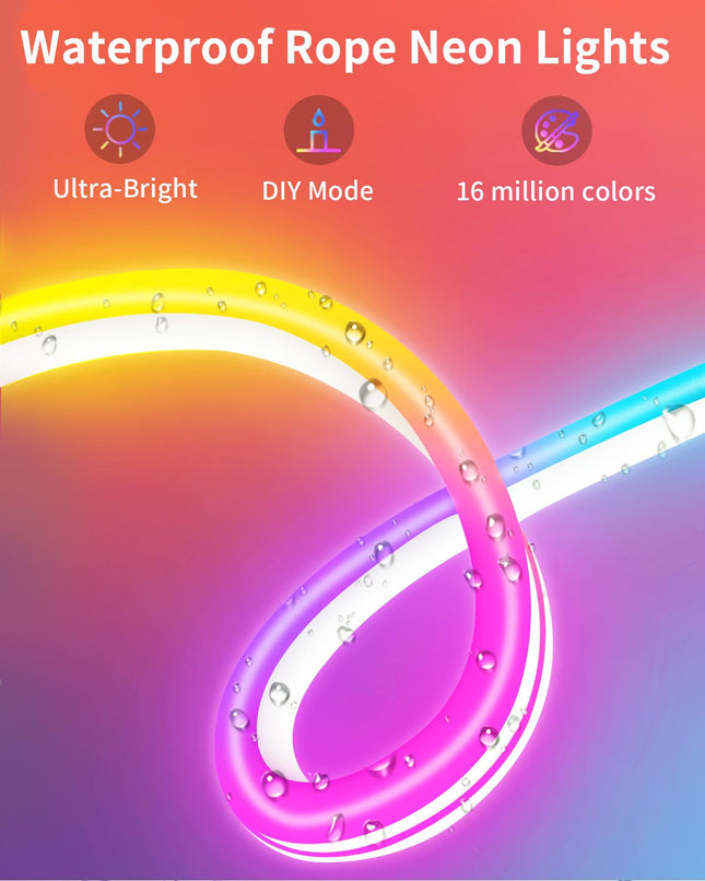 50ft Neon Rope RGB Lights, IP68 Waterproof Flexible Neon Lights, LED Strip Lights for Bedroom, Room Decor for Christmas, Outdoors, Pool 1 Roll A