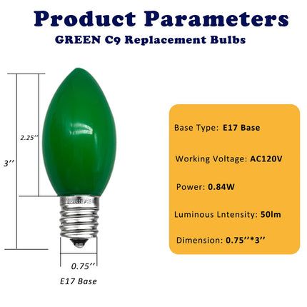 25 Pack Green C9 LED Bulbs, C9 Replacement Bulbs for Christmas Tree Lights Patio String Lights Outdoor Indoor, E17/C9 Intermediate Base, 7 Watt, Ceramic Green