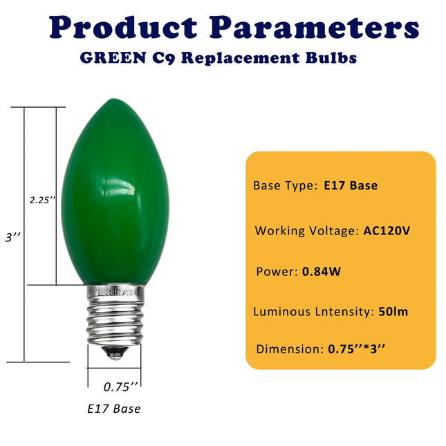 25 Pack Green C9 LED Bulbs, C9 Replacement Bulbs for Christmas Tree Lights Patio String Lights Outdoor Indoor, E17/C9 Intermediate Base, 7 Watt, Ceramic Green