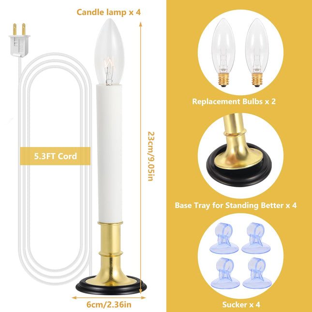 Verdenu 4 Pack Electric Christmas Window Candles, Window Candles with Sensor Dusk to Dawn Electric Corded, Brass Plated Electric Candles, Plug in Window Candle Light for Home/Christmas Decoration