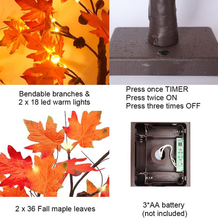 YEAHOME Fall Decorations for Home, 2 Pack 24”/2FT Lighted Fall Maple Leaves Tree with Warm White LEDs Autumn Decor, Pumpkin Lampshade, Pine Cone, Acorn Ornaments Battery Powered Timer for Thanksgiving