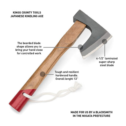 Kings County Tools Japanese Kindling Hand Axe | Bearded Axe Woodworking Tool | Wood Splitting Froe | 4-1/2” Steel Blade | Hardwood Handle | Camping Hatchet with Excellent Balance | Weighs 1.6 Pounds