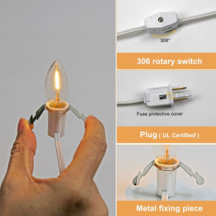 KGC C7 Accessory Cord with 4 C7 Led Light Bulb Candelabra-Base E12 Socket,White Cord with On/Off Switch Plugs for Holiday Decorations, Christmas Village House, Pumpkin Lights 4 Pack