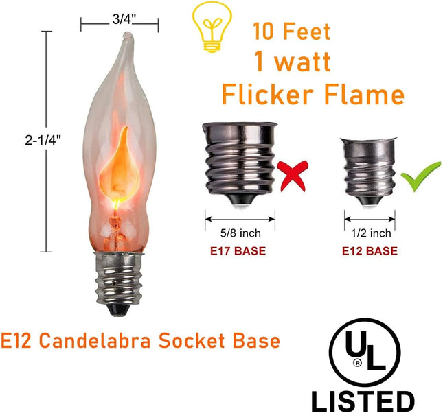 10FT Flickering Amber Flame C18 Religion Lights Christmas Lights Decor Party Room Garden Docor 1 Watt, 120 Volt, Green