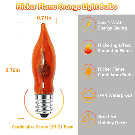 Flickering Flame Light Bulbs, 12 Pack C7 Orange Flickering Light Bulbs Edison Light Bulb, 1 Watt Night Light Bulbs E12 Candelabra Base Light Bulbs for Chandelier Candle Lamp Christmas Halloween Decor