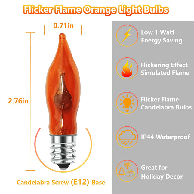 Flickering Flame Light Bulbs, 12 Pack C7 Orange Flickering Light Bulbs Edison Light Bulb, 1 Watt Night Light Bulbs E12 Candelabra Base Light Bulbs for Chandelier Candle Lamp Christmas Halloween Decor