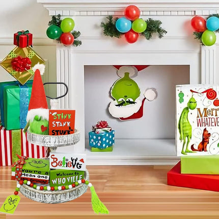 Christmas Tiered Tray Decor Christmas Decorations - Cute Green Gnome Plush Faux Book Stack Wooden Signs Bead Garland - Farmhouse Rustic Xmas Decor for Home Table Party Supplies