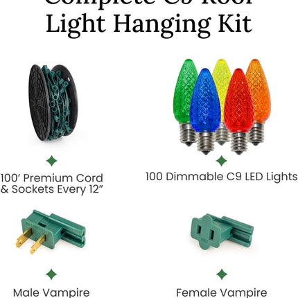 Pro Christmas C9 LED Christmas Lights Kit for Rooflines & Pathways – Cut to Length, Heavy Duty Commercial Grade (Green Wire w/Vampire Plugs, 25 Bulbs, 25 ft) Pure White & Red