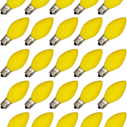 Box of 25 Light Bulbs - Opaque Yellow, Steady Burning, 7 Watt, C7 -E12 Candelabra Base -Great for Night Lights, Decorative Lights and Christmas Strings