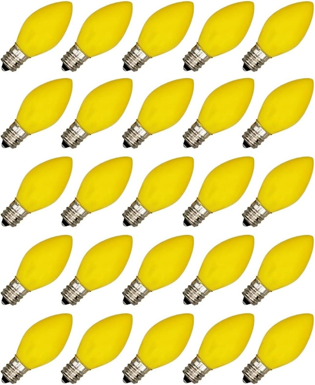 Box of 25 Light Bulbs - Opaque Yellow, Steady Burning, 7 Watt, C7 -E12 Candelabra Base -Great for Night Lights, Decorative Lights and Christmas Strings