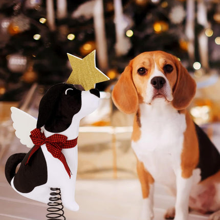 Dog Christmas Tree Topper with Glitter Star & Wings Xmas Tree Ornament Black and White Puppy Winter Holidays Home Decoration Puppy Wreath Attachment Festive Ideas Supplies