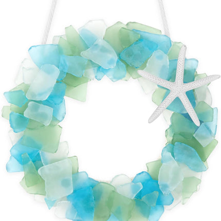 Sea Glass Wreath - Handmade 8.5 Inch Beach Wreath, Coastal Style Christmas Decor Wreaths for Home Decor, Door, Window, Kitchen Cabinet, Chair and Wall