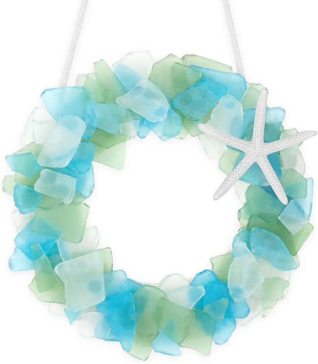 Sea Glass Wreath - Handmade 8.5 Inch Beach Wreath, Coastal Style Christmas Decor Wreaths for Home Decor, Door, Window, Kitchen Cabinet, Chair and Wall