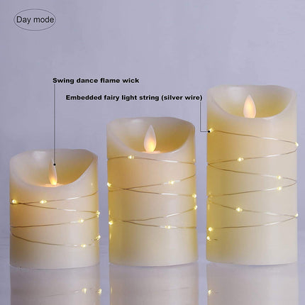DANIP White LED flameless Candle with Embedded Star Light String, Three Piece LED Candle, with 11 Key Remote Control, 24-Hour Timer Function, Dancing Flame, (Ivory White)