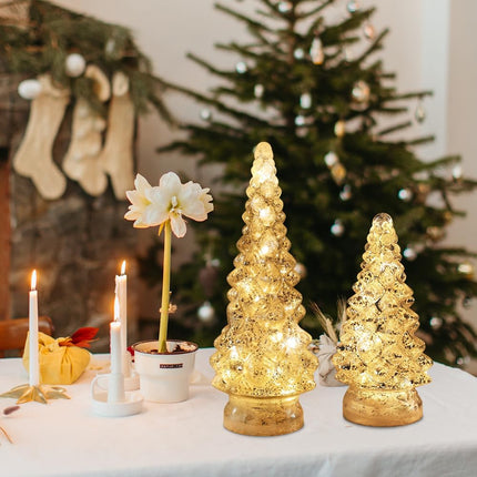 PHITRIC Christmas Decorations Indoor, 2 PCS Sparkling Glass Christmas Tree Table Decorations with LED Lights, Lighted Xmas Tree Decorations with Timer for Home Mantel Shelf Table Decor