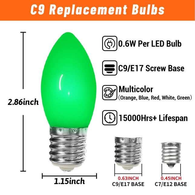 25 Pack C9 LED Christmas Light Bulbs Ceramic Multicolor C9 Bulbs E17 Base - for Christmas Tree Lights Replacement Bulbs, Christmas Lights Replacement Bulbs for Home Yard Porch Stair, 0.6W = 7W