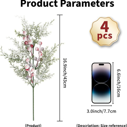 Pack of 4 Artificial Frosted Pine Branches with Red Berries 17" Snowy Christmas Tree Picks Winter Greenery Sprays White Fake Cedar Holly Berry Stems for Vase Fillers Craft Wreath Holiday Décor (Red)