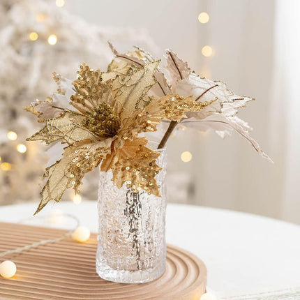 Ansho Pack of 6 Glitter Poinsettia Flower Large Artificial Christmas Flower Decoration Christmas Tree Ornaments Wreath Garland Decoration (Gold)