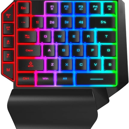 One Hand RGB Gaming Keyboard,USB Wired Rainbow Letters Glow Single Hand Keyboard with Wrist Rest Support Multimedia Keys, Backlit Ergonomic Mechanical Feeling Keyboard for Game