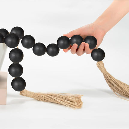 OMISHE Large Wood Bead Garland Black with 1.6" Diameter Wooden Beads and Tassels, 41" Long Rustic Farmhouse Country Wood Beads Garland for Home Tiered Tray Decor, Decorative Beads Garland Black