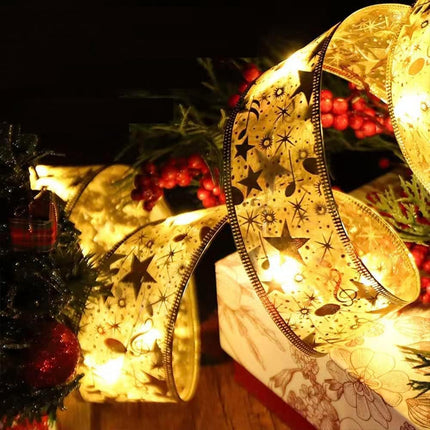 64ft Gold Christmas Ribbon Lights with 200 Led Fairy Lights Battery-Powered Copper Wire Ribbon Bows Lights for Christmas Year Decor