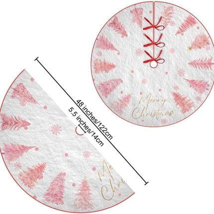 Christmas Tree Skirt 48 Inch White Tree Skirts Ornaments with Pink Trees Snowflakes Pattern for Merry Christmas Xmas Holiday Party Decor