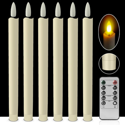 Flameless Ivory Taper Candles Flickering With 10-Key Remote, Window Candles Battery Operated 9.8" LED Warm 3D Wick Lights, Fake Electric Candles for Aniversary, Wedding, Christmas, Home Decor (6Pack)