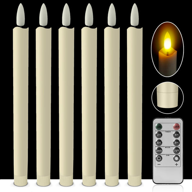 Flameless Ivory Taper Candles Flickering With 10-Key Remote, Window Candles Battery Operated 9.8" LED Warm 3D Wick Lights, Fake Electric Candles for Aniversary, Wedding, Christmas, Home Decor (6Pack)