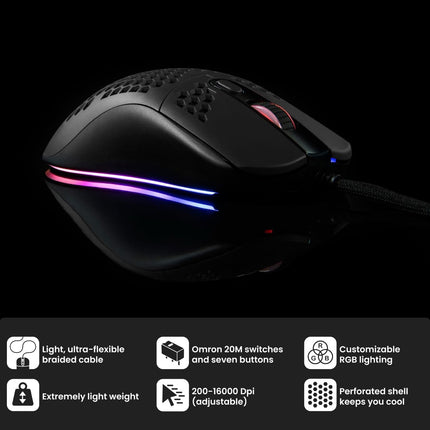 Arozzi Favo Ultra Lightweight Customizable RGB Gaming Mouse with Honeycomb Pattern Pixart 3389 Sensor and Omron 20M Switches - Black