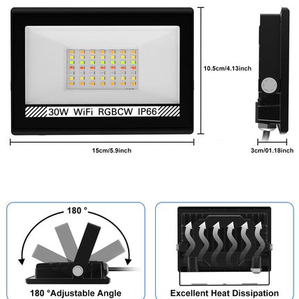 RGB LED Flood Light Outdoor 300W Equivalent, 30W Bluetooth RGBCW Smart Floodlights 2700K, 16 Million Color Changing, Timing, Music Sync, IP66 Waterprrof Landscape Lighting with US Plug (4 Pack)