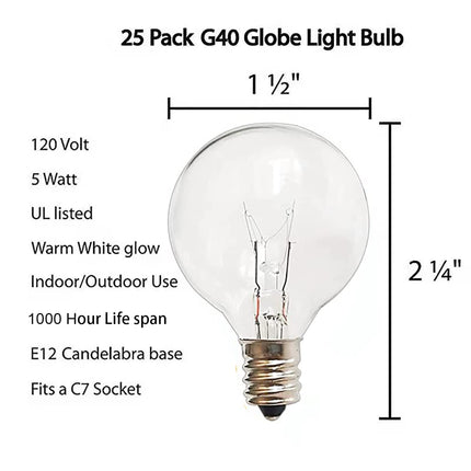 G40 Replacement Light Bulbs, 120V 5W Clear Globe Bulb, E12 C7 Candelabra Base, 1.5 Inch Glass Incandescent Bulbs for Indoor Outdoor Patio String Lights, Warm White -25 Pack