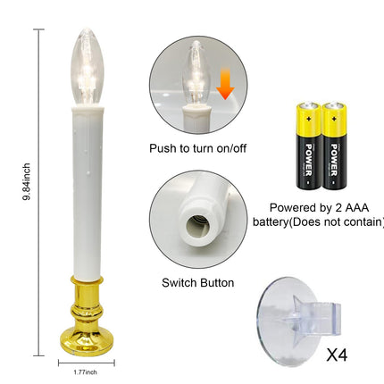 4 Pack Christmas Window Candle Lamps, Battery Operated LED Christmas Window Candle Lights with Automatic Timer and C26 3V LED Bulbs Candlestick for Indoor Windows Table Decor, 4 Suction Cup