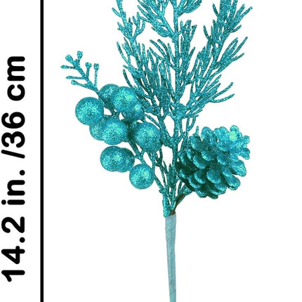 Winlyn 12 Pcs Christmas Artificial Pine Branches Teal Glitter Pine Needles with Pinecone and Berries Christmas Floral Picks 14.2" for Teal Christmas Tree Seasonal Wreath Swag Holiday Arrangement