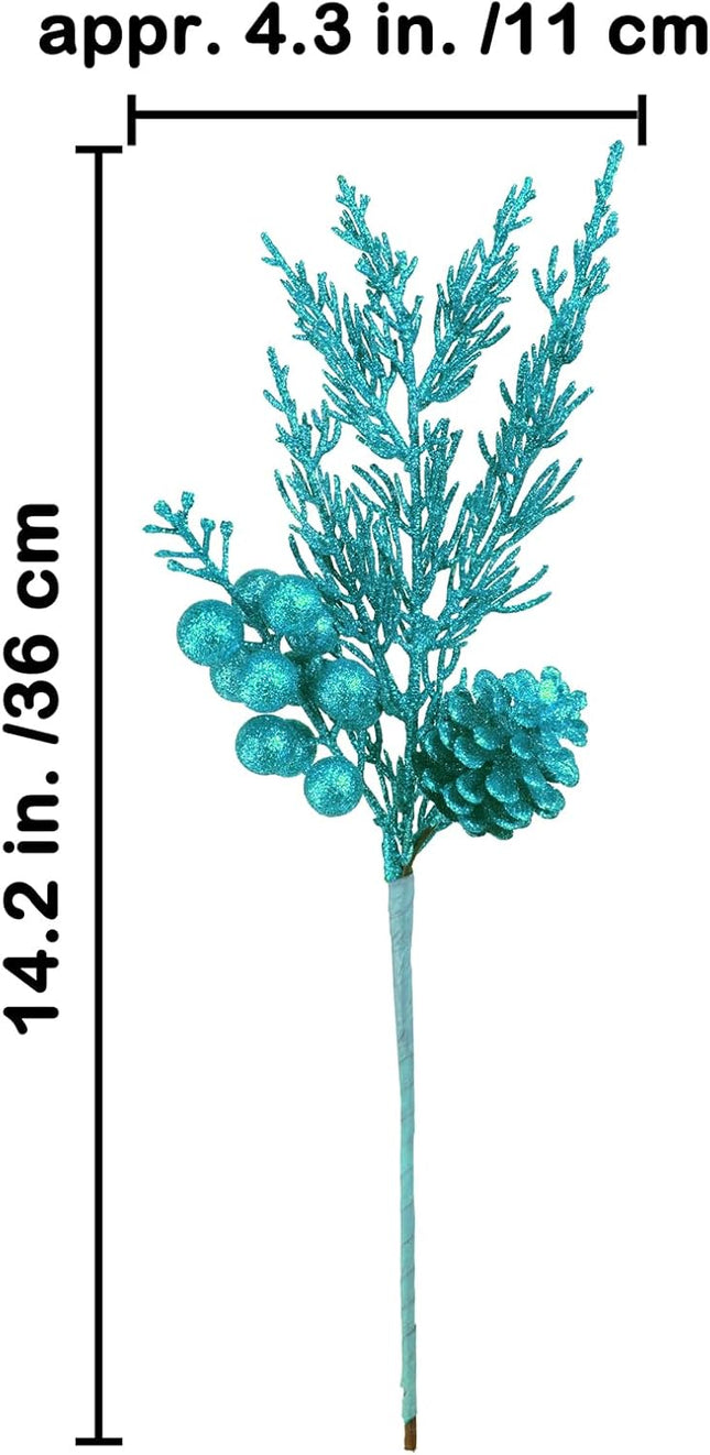 Winlyn 12 Pcs Christmas Artificial Pine Branches Teal Glitter Pine Needles with Pinecone and Berries Christmas Floral Picks 14.2" for Teal Christmas Tree Seasonal Wreath Swag Holiday Arrangement