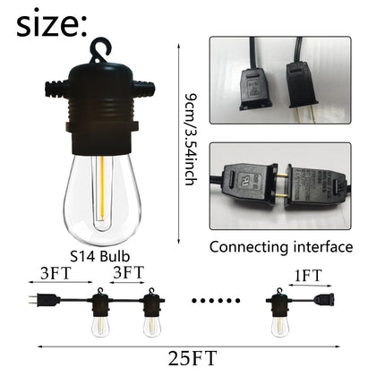S14 LED 25FT Patio Outdoor String Lights, 8+1 Shatter-Proof LED Bulbs, Hanging Backyard Lights, for Outdoor terraces, Backyard Garden Balcony Decorations, Small Restaurants, and Commercial uses