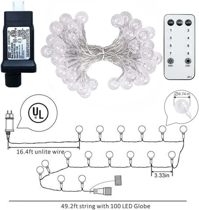 Globe String Lights 49.2 Feet 100 LED, Plug in Crystal Fairy String Lights with Remote Timer, 8 Modes Indoor Outdoor Hanging Globe Lights for Wedding Bedroom Classroom Patio Garden