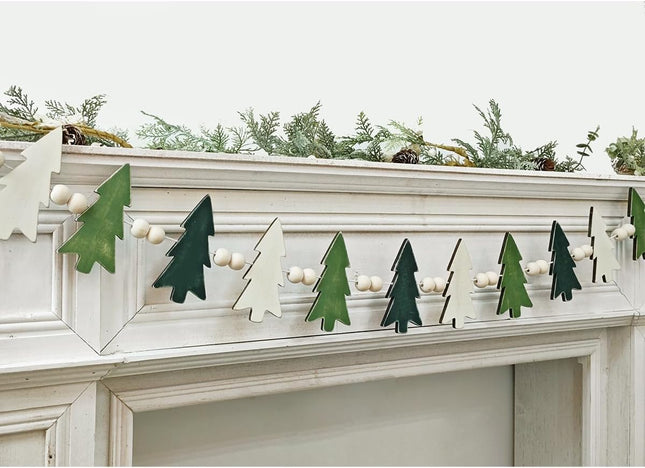 Garland Christmas Decorations Indoor Outdoor: 6.5ft Farmhouse Xmas Tree Wooden Beads Christmas Decor, Cute Rustic Pine Hanging Ornaments Banner for Mantel Fireplace Home Room Wall Window Door Kid