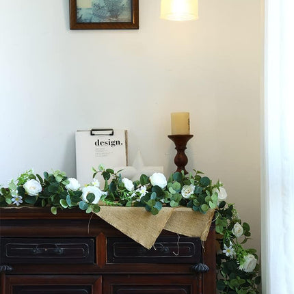 MISSPIN White 6.6 Feet Eucalyptus Garland with Flowers, 16 Lovely Flowers, Artificial Eucalyptus and Rose Garland Decor, Floral Garland Greenery Garland for Wedding Table Decor