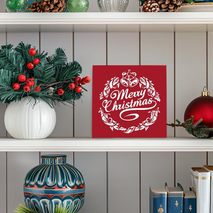 Merry Christmas Wooden Box Sign, Red Christmas Decorations, Merry Christmas Decor, Farmhouse Christmas Wreath Wood Signs for Home Office Desk Table Shelf Decoration, 5x5 Inch