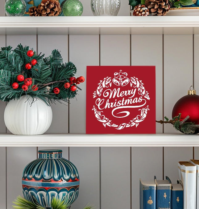 Merry Christmas Wooden Box Sign, Red Christmas Decorations, Merry Christmas Decor, Farmhouse Christmas Wreath Wood Signs for Home Office Desk Table Shelf Decoration, 5x5 Inch