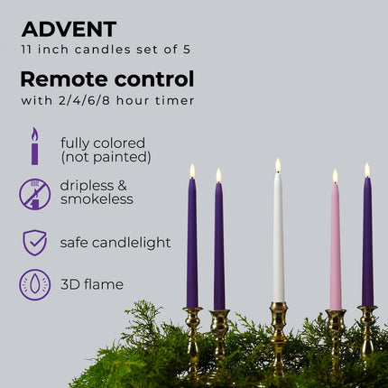 Flameless Advent Candles, Set of 5 - Flickering LED Flame, 11 Inch Taper Candlesticks, Remote Controlled - 3 Purple, 1 Pink, 1 White for Christmas Wreath