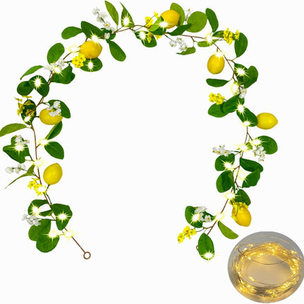 Artificial Lemon Garland with Fairy Lights Spring Summer Greenery Lemon Vine Plant Vivid Fruit Dense White and Yellow Flowers Hanging Wreath for Home Garden Wedding Party Christmas Décor