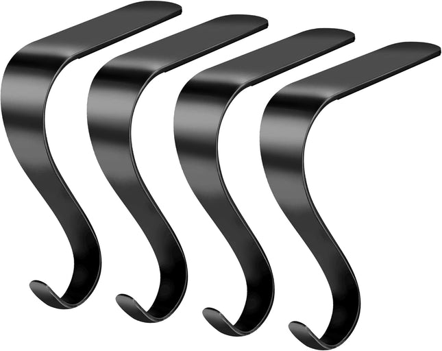 Edoneery Christmas Stocking Holders for Mantle with Silicone Anti-Slip Strips, Fireplace Mantel Stocking Hangers for Shelf, Garland Grips Hooks for Xmas & Family Party Decoration (Black, 4)