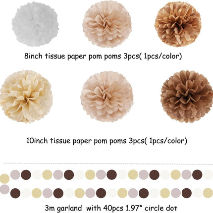 Boho Baby-Shower White-Brown Champagne Party-Decorations - 28pcs Neutral Birthday Wedding Bridal Tissue Pom Poms Streamers, Fall Autumn Christmas Tassel Garland Banner, Engagement Decor Ouruola