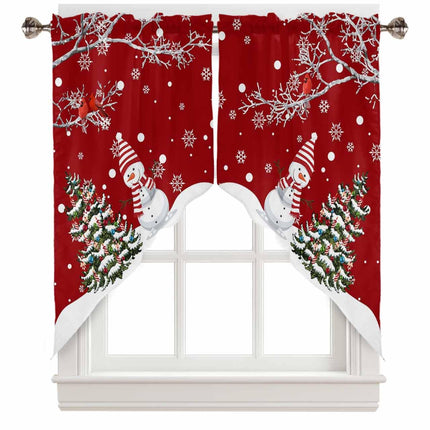 Christmas Swag Curtains,Snowman Kitchen Swag Curtains Xmas Tree Rod Pocket Valances Tier Pair Swag Topper,Bird Branch Snowflake Red 2 Panels Window Treatment for Bathroom Living Room Bedroom