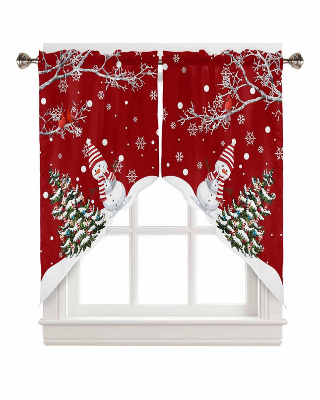 Christmas Swag Curtains,Snowman Kitchen Swag Curtains Xmas Tree Rod Pocket Valances Tier Pair Swag Topper,Bird Branch Snowflake Red 2 Panels Window Treatment for Bathroom Living Room Bedroom