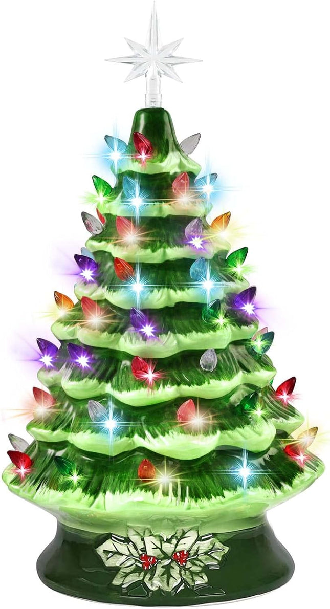 GIVERARE 15” Ceramic Christmas Tree, Pre-Lit Hand-Painted Tabletop Xmas Decor with 66 Multicolored Lights&Top Star, Vintage Retro Centerpiece for Holiday, Party, Decoration, Ornaments-Green