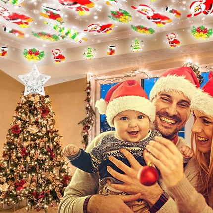 Christmas Tree Topper with 3D Santa Bells Star Projector,fohuas LED Rotating Santa Claus Xmas Tree Light lamp,Glitter Sparkling Silver Snow Tree-top Romantic Decoration Ornament (Silver Star-Santa)